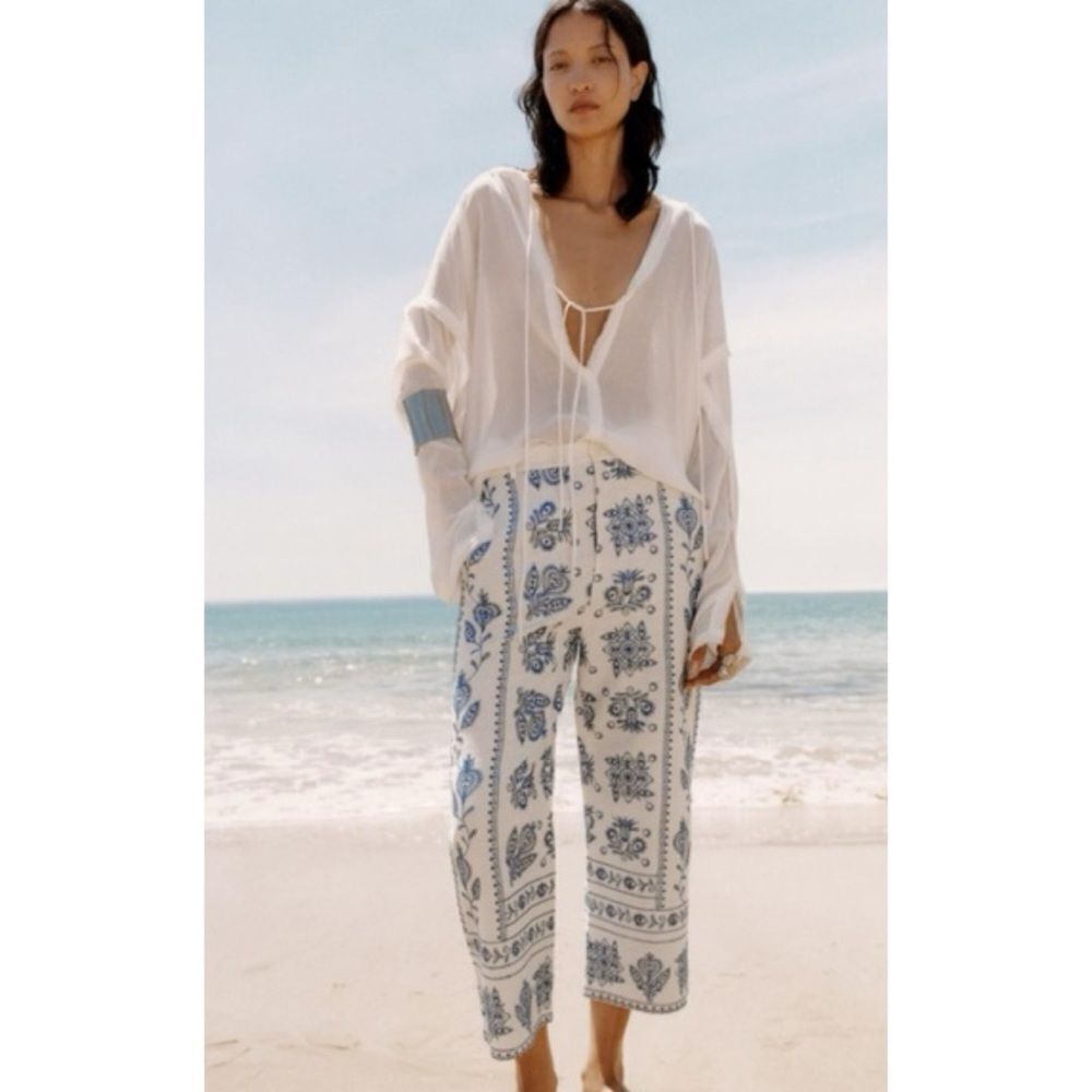 Zara Linen Embroidered Culottes Wide Leg
Pants Size XL / NWT